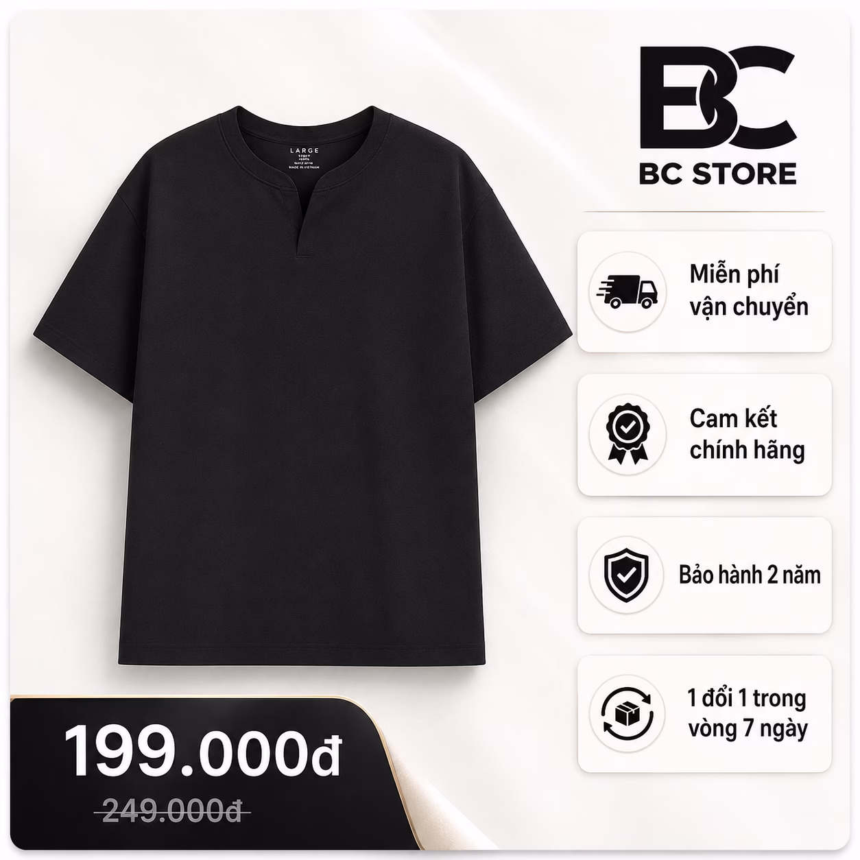 Áo Thun Nam Cổ Xẻ Basic Form Rộng Màu Đen BC Store