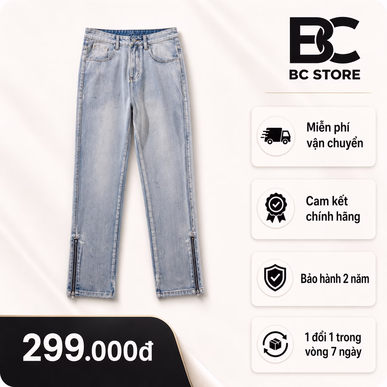 Quần Jean Nam Ống Suông Wash Xanh Nhạt Phối Khóa Kéo BC Store